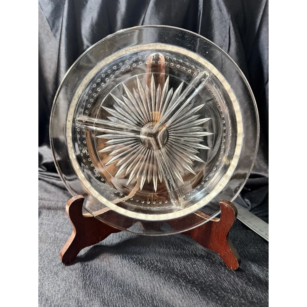Clear Glass Relish Dish 3 Part Divided Dots‎ & Starburst Bottom MCM (2822)